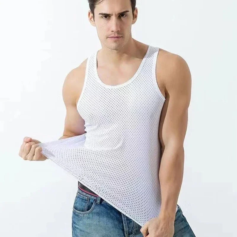 Men Tops Ice Silk Vest Outer Wear Quick-Drying Mesh Hole Breathable Sleeveless T-Shirts Summer Cool Vest Beach Travel Tanks