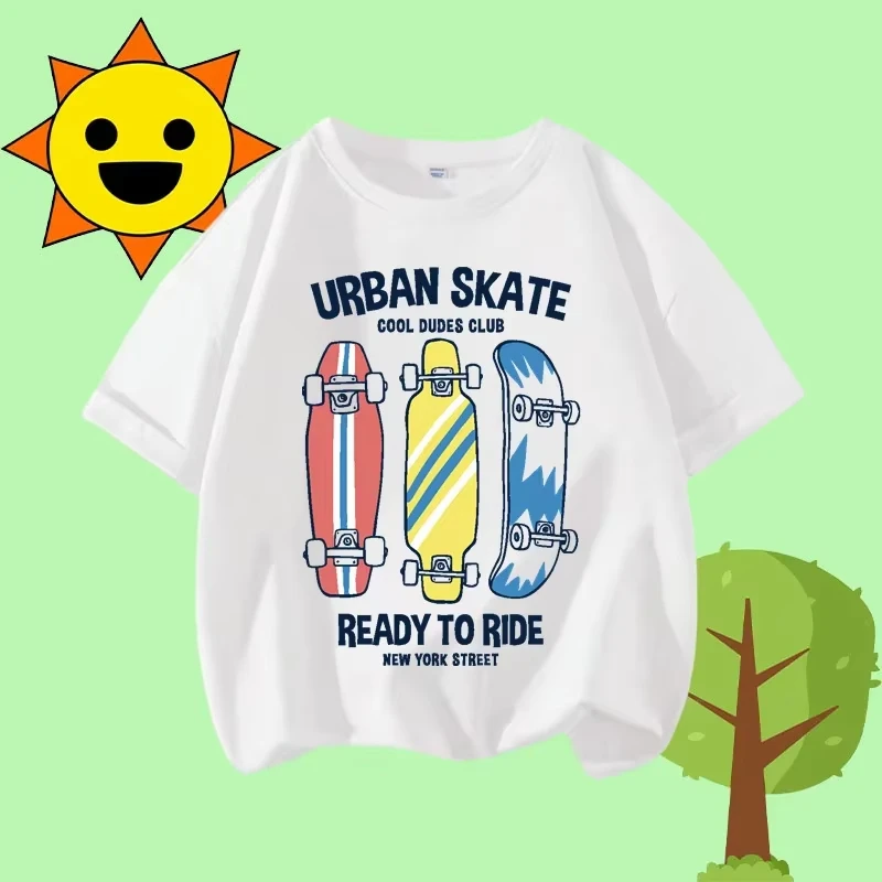 

American Trendy Summer T-shirt with Skateboard and Cartoon Print Children's Short Sleeved Boys' Sports Shirt Girls' Casual Top