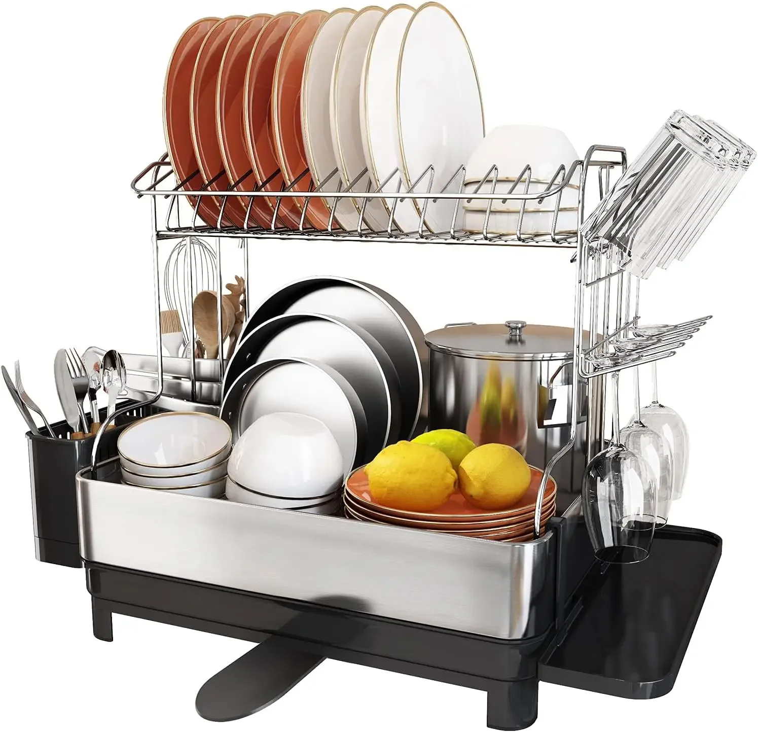 

romision Dish Rack and Drainboard Set, 304 Stainless Steel 2 Tier Large Dish Drying Rack Swivel Spout Dish Strainer Kitchen