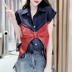 2023 Summer Fashion Bow Patchwork Shirt Female Clothing Casual Turn-down Collar Commute Single-breasted Korean Sleeveless Blouse