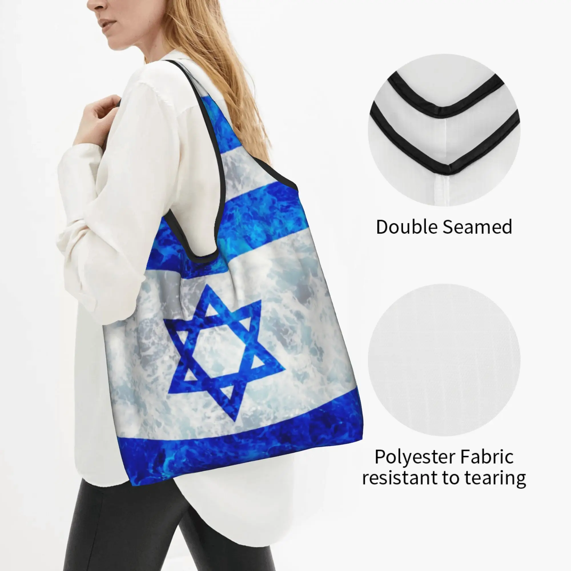 Flag of Israel Grocery Tote Shopping Bags Women Cute Ocean Waves Shopper Shoulder Bags Big Capacity Handbags