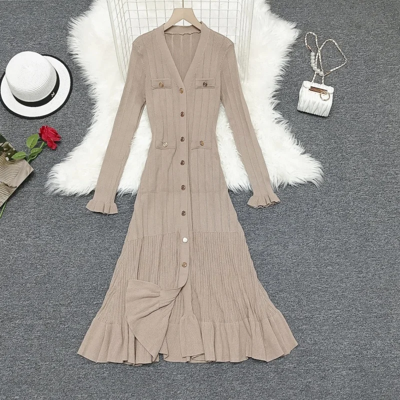 New Autumn Temperament Knitted Dress For Women French Fashion High-end Full Sleeve Elegant V-Neck Casual Knitting Long Dress