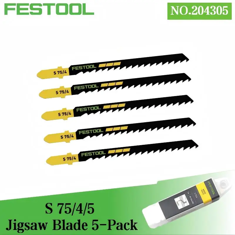

Festool 204305 S 75/4/5 Jigsaw Blade - 5-Piece 6 TPI T-Shank Set for Precision Softwood & Hardwood Cuts