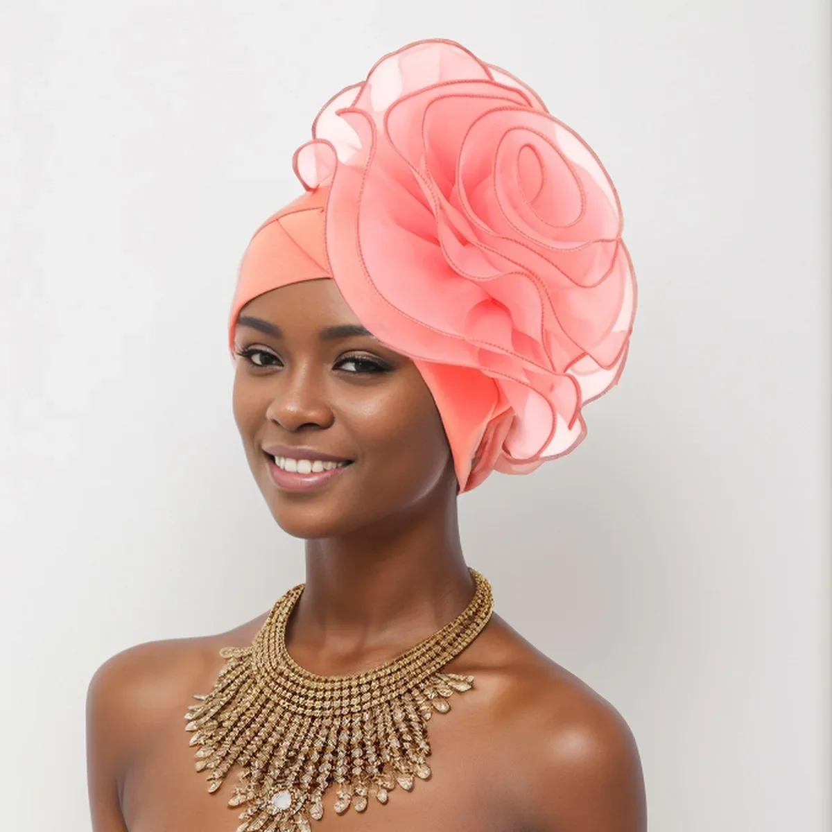 

New Fashion Exaggerated Side Big Flowers African Headscarf Hat Women Muslim Hijab Bonnet Head Wrap Wedding Party Headwear Turban