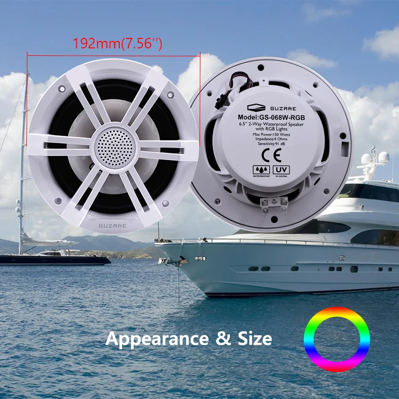 GUZARE Marine Speakers with RGB Lights,150Watts*2Pcs,IP66 Waterproof,White,for Boat / Home Music Party
