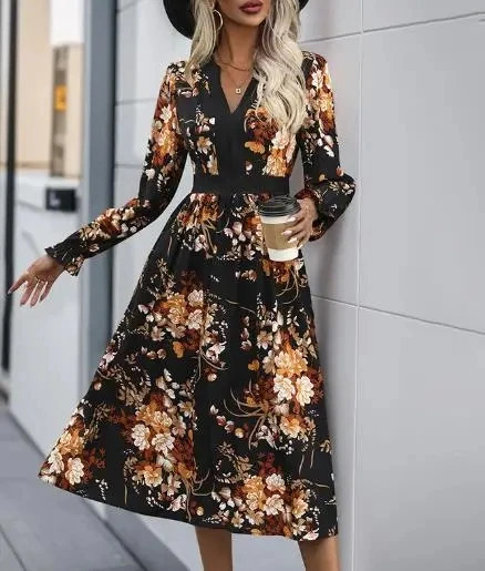 

Women's Dress Fashion Floral Print Autumn Long Sleeve Dress Temperament Commuting Female High Waist Casual Dresses