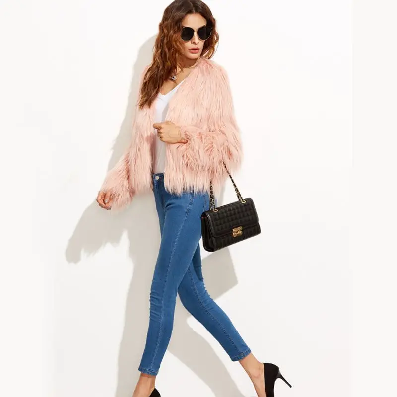 Furry Fur Coat Women Fluffy Warm Long Sleeve Outerwear Autumn Winter Coat Jacket Hairy Collarless Coat