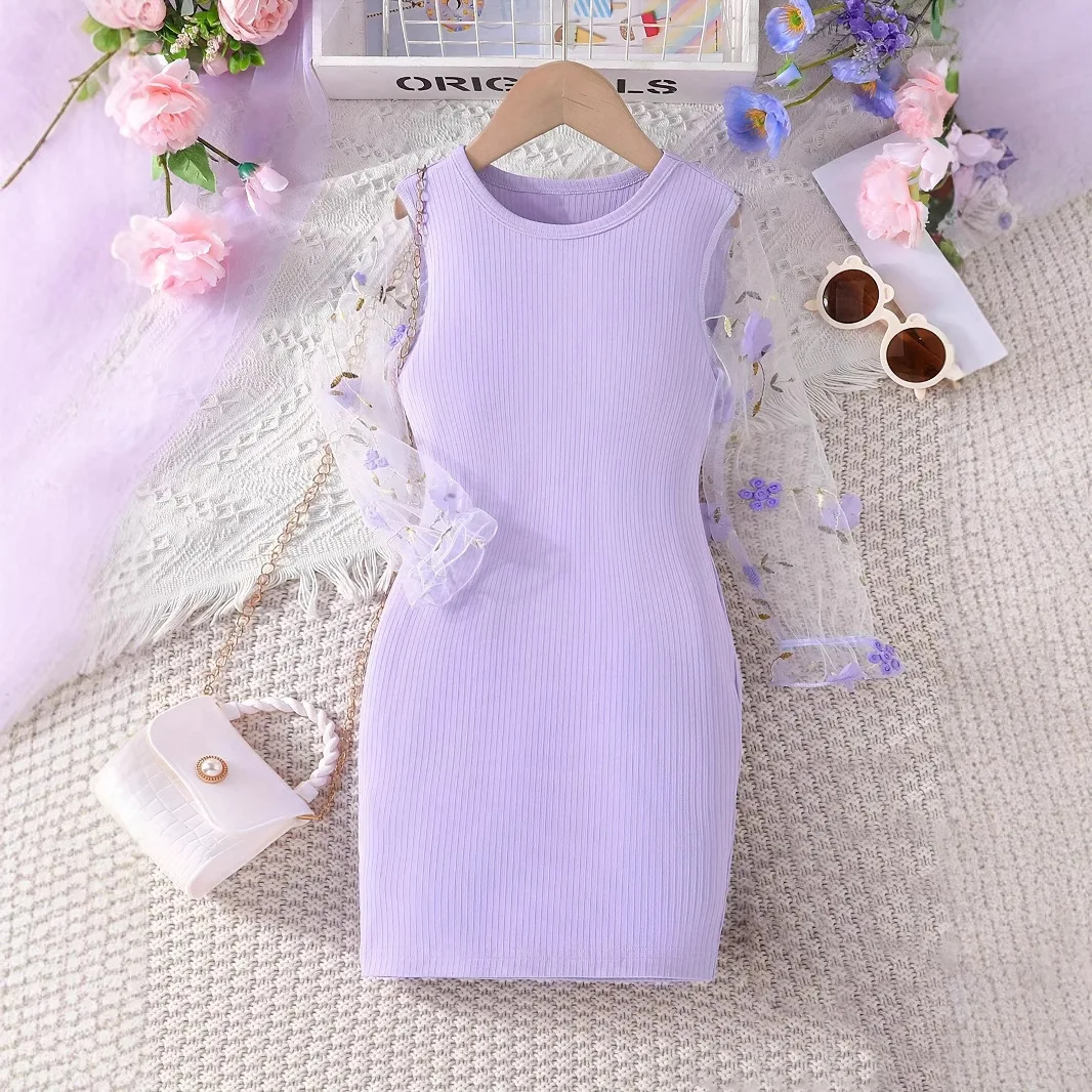 

INS Girls Spring/Summer Energizing Lavender Purple Mesh Splicing Fashion Dress Summer and Fall