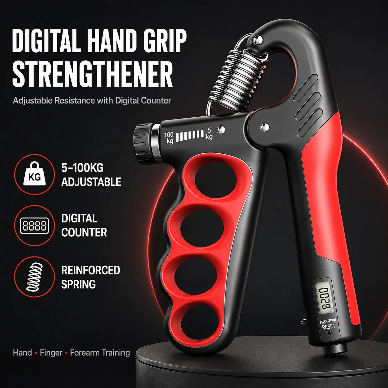 **Adjustable Hand Grip Strengthener 5-100KG with Digital Counter Forearm Finger Trainer Exerciser for Men Women Home Gym**