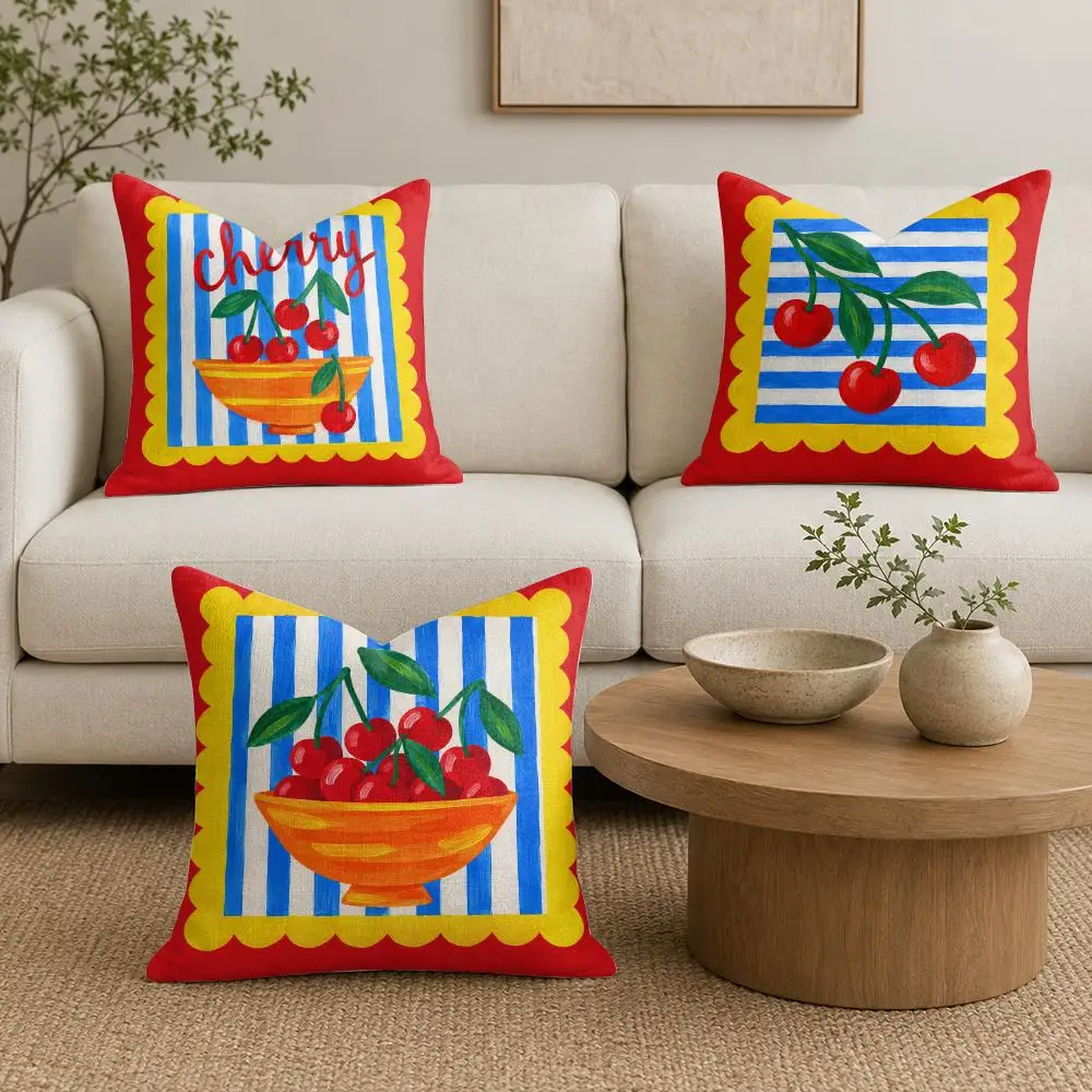 Cherry Frame Cushion Cover Organic Linen Throw Pillow Cover - Double-Sided Print Breathable Cushion Case Home Decor