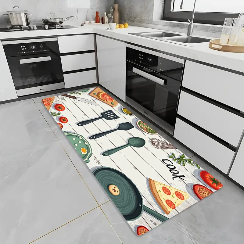 White Wood Plank Kitchen Tool Pizza Tomato Herb Runner Rug, non-slip mat,fresh cooking decorative mat for kitchen aisle entryway