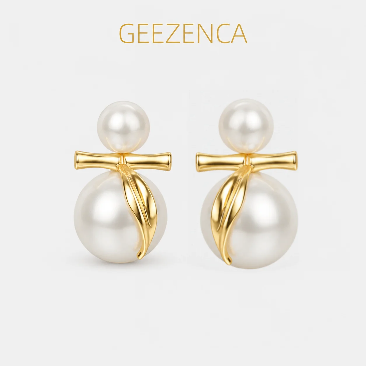 GEEZENCA Pendientes de Perlas de Concha en Forma de Esfera Doble, Plata de Ley 925, con Lazo, para Mujer, Pequeños, Delicados y Ligeros, Regalo