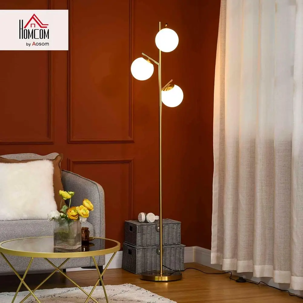3-Light Modern Floor Lamp for Living Room, Tree Style Bedroom Lighting with Steel Base, Gold Finish, Bulb Not Included
