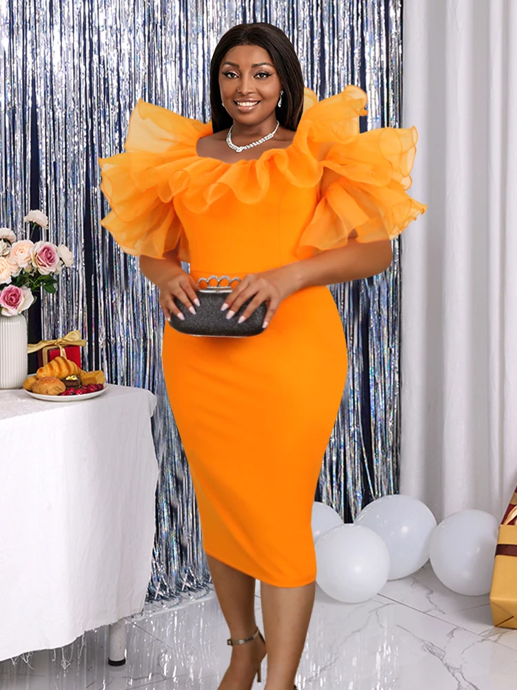 

Orange Midi Dresses for Women Plus Size 4XL O Neck Ruffles Tulle Patchwork Evening Birthday Outfits Cocktail Event Occasion 2023