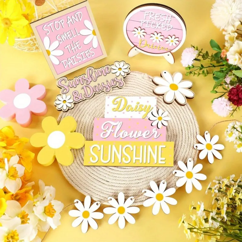 Daisy Tiered Tray Decor Summer Farmhouse Table Wooden Signs Hello Summer Home Kitchen Party Decor (Tray Not Included)