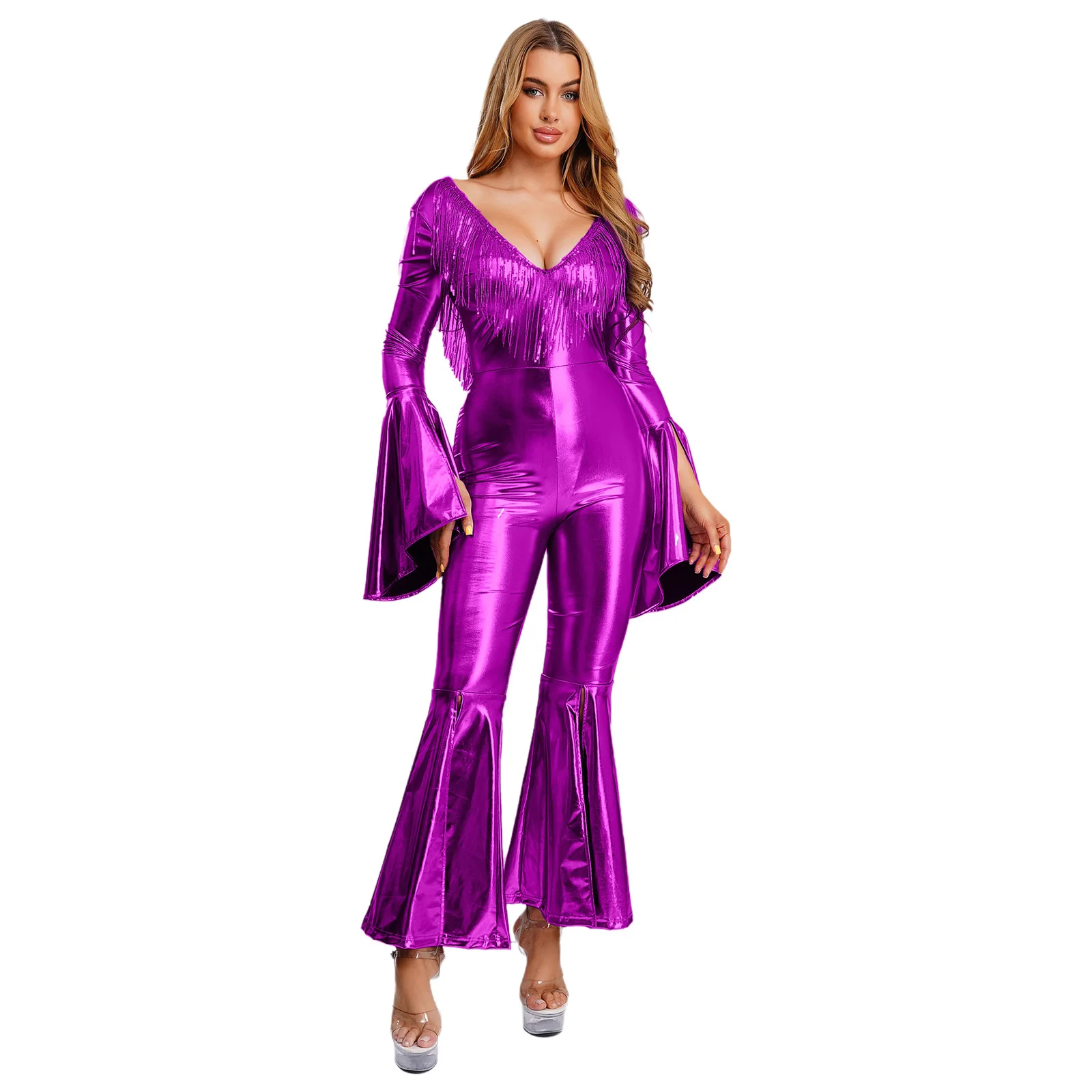 

Women Shiny Jazz Tap Disco Club Dance Performance Rompers V Neck with Sequin Tassel Backless Flared Cuffs And Legs Bodysuit