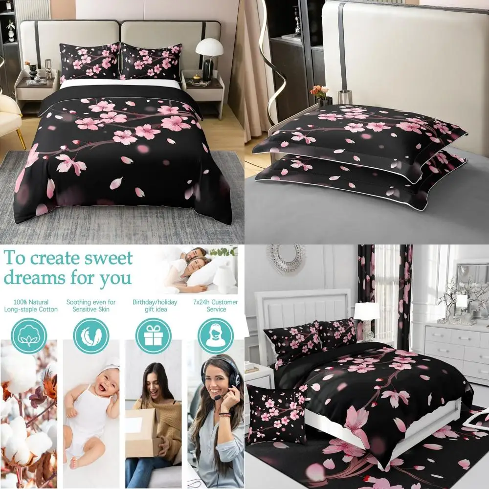 Set Sprei Katun 100% Motif Bunga Sakura Jepang Warna Pink dan Hitam