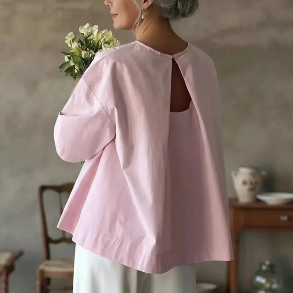 

Women's Fashion Elegant Long-sleeved Shirt Spring Summer New Sexy Backless Loose O Neck Solid Color Tops Versatile Female 2026