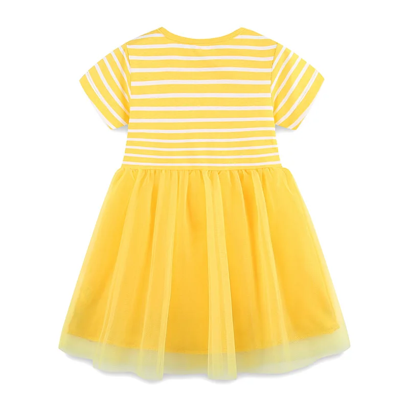 26Summer girls' dress, fashionable rabbit embroidery mesh princess dress with striped patchwork short sleeves