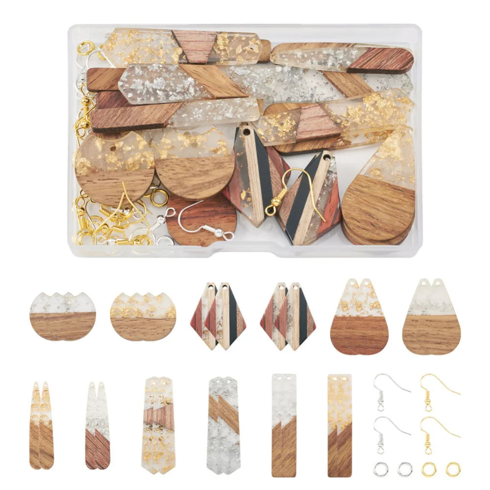 1Box Geometric Teardrop Resin Walnut Wood Pendant with Brass Earring Hooks Jump Rings for DIY Dangle Earring Bracelet Making Kit