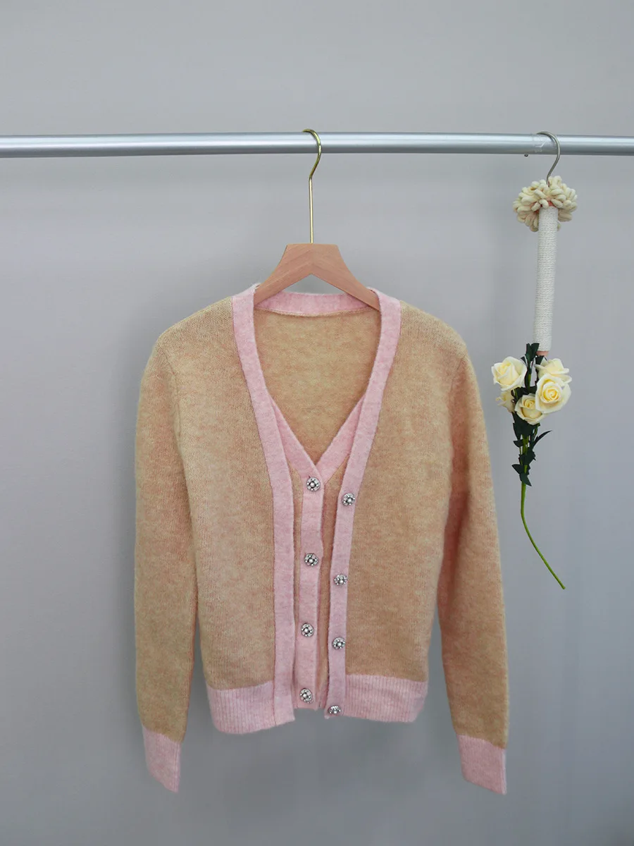 

Chic Camel Wool Sweater Women's Fake Two-Piece Light Luxury Sle V-Ne Long Sve Cardigan Regular Fit Winter Faion