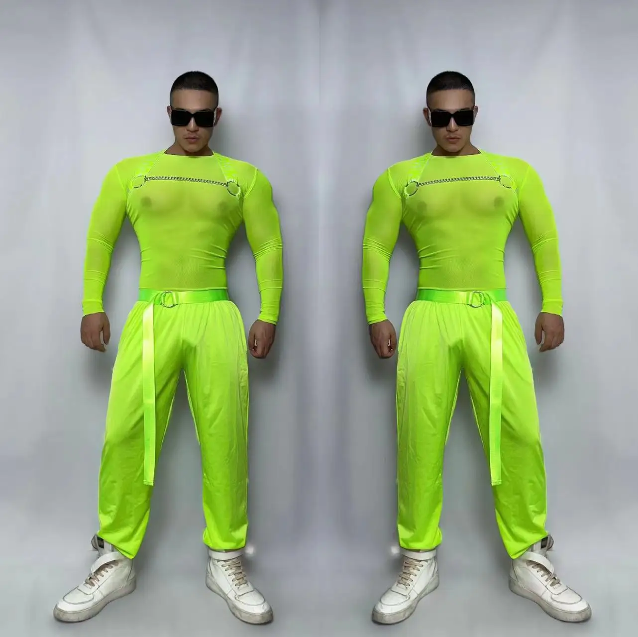 

Male Fluorescent Green Chest Strap Mesh Tops Pants Suit Dj Ds Rave Outfit Nightclub Gogo Dancing Clothes Pole Dancewear