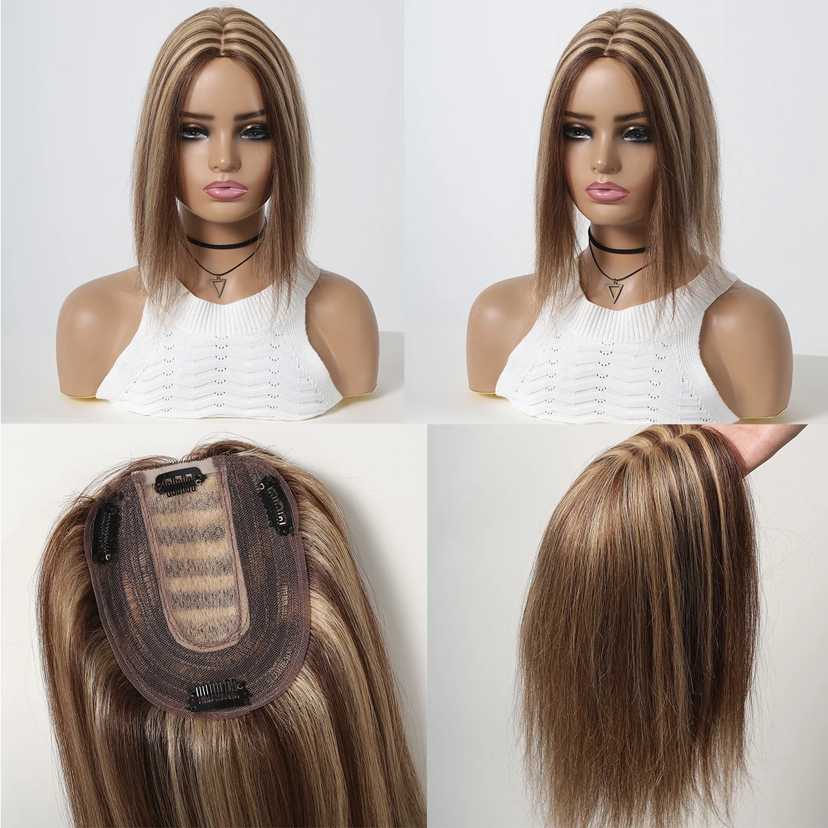 12In Brown Blonde Highlight Human Hair Pieces for Women Afro Africian 100% Remy Human Hair Toppers in Silk Base Hair Extension