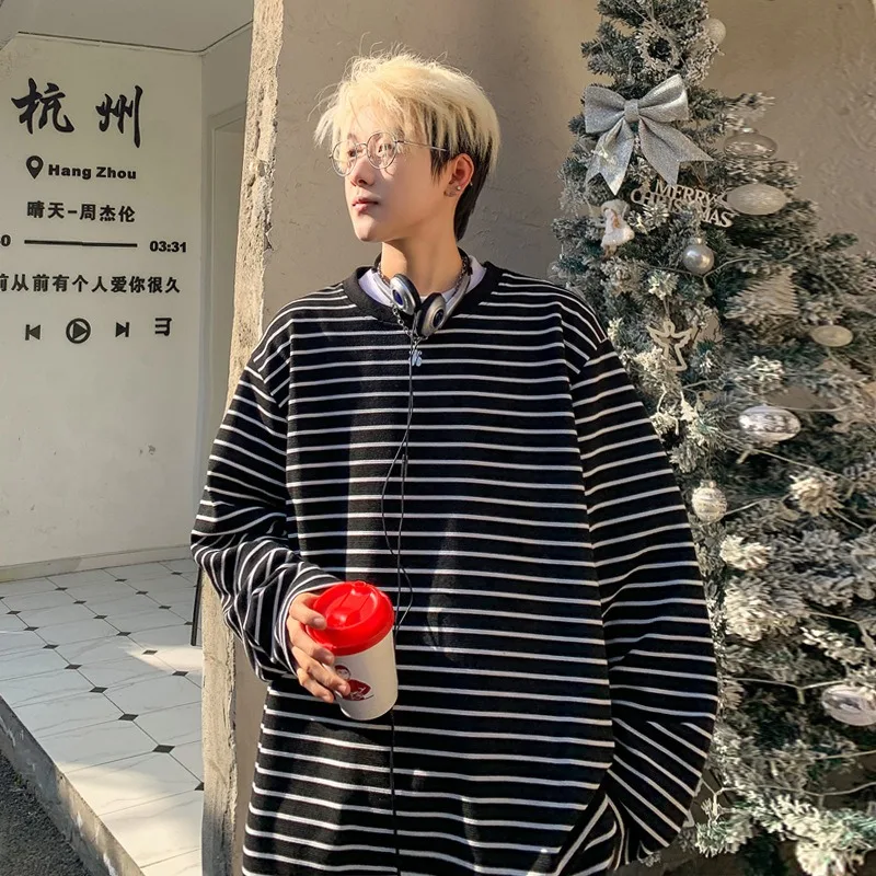 Spring New Vintage Color-blocked Striped Long-sleeved T-shirt Korean Fashion Street Oversized Casual Loose T-shirt Sweatshirt