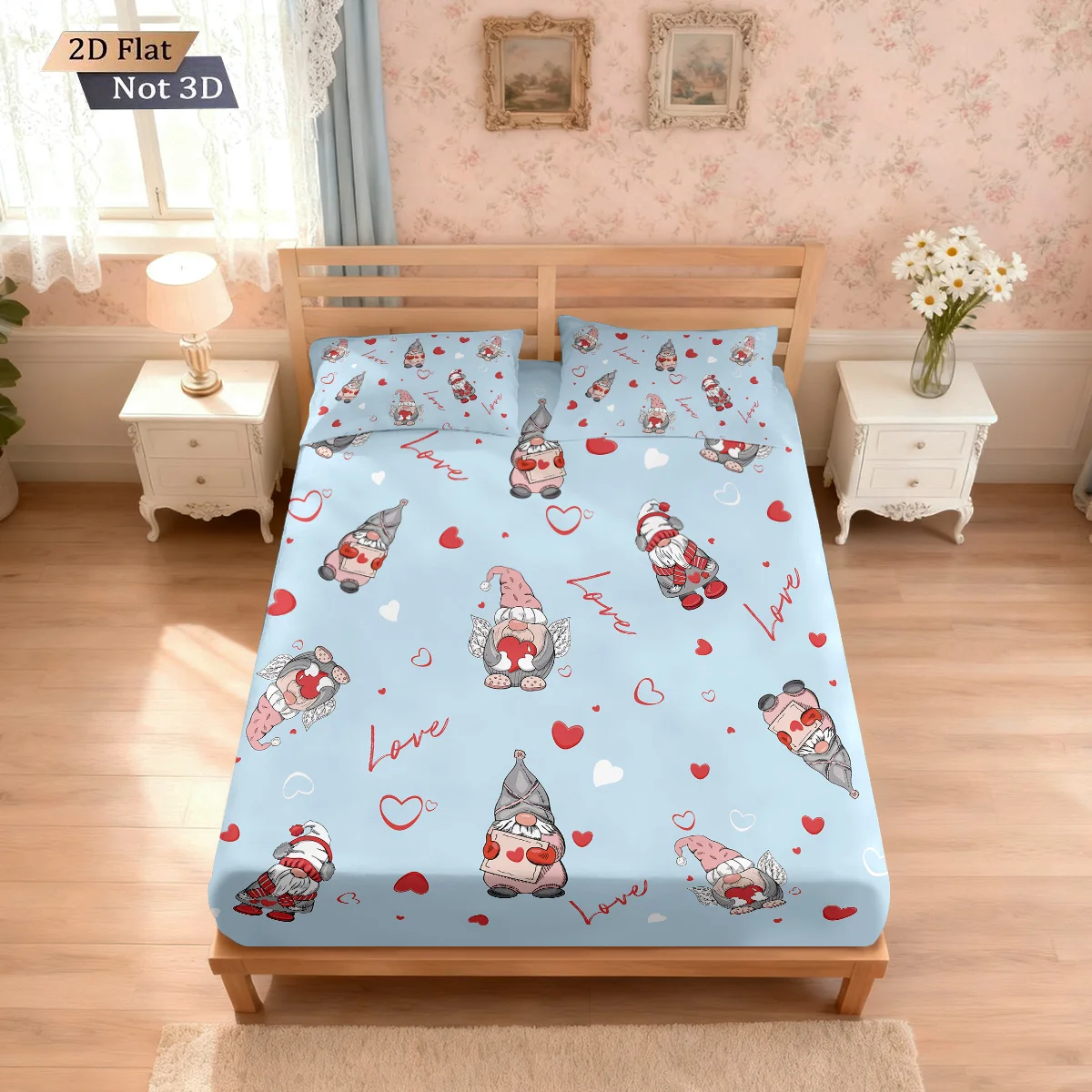 

3pcs Valentine's Day Love Gnome Print Coreless Bed Sheet Set Multi Size Bedcover Bedroom Bedding Decoration Machine Washable