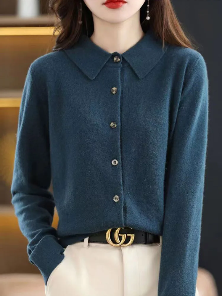 women\'s Cashmere POLO Collar Sweater Long sleeve Button Sweater Fit Slim Casual Letter Lapel Cardigan Harajuku S-4XL Coat Tops