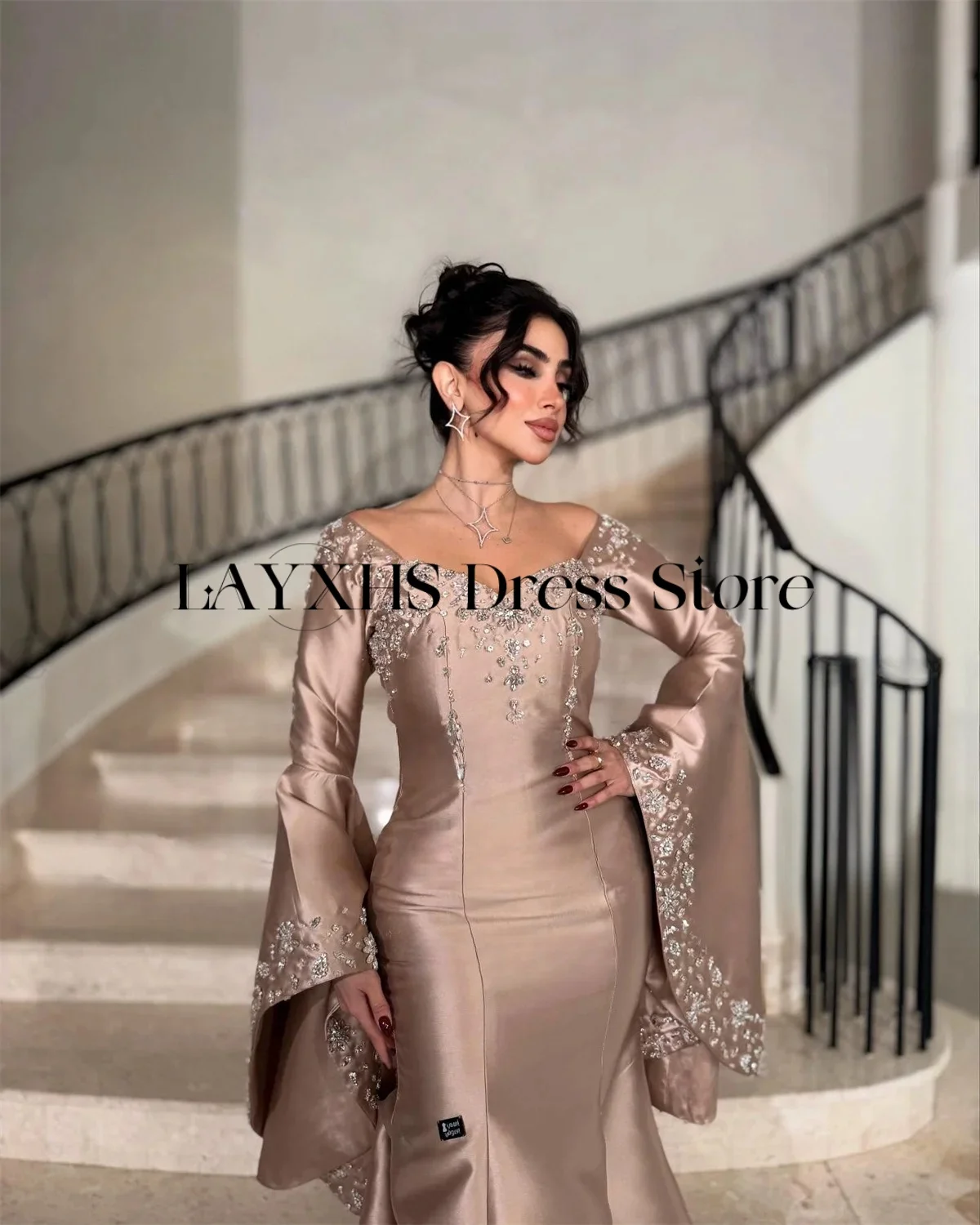 LAYXHS Luxury Off the shoulder Evening Dresses Mermaid Beaded Trumpet Long Sleeve Prom Dresse Customized robes de soirée