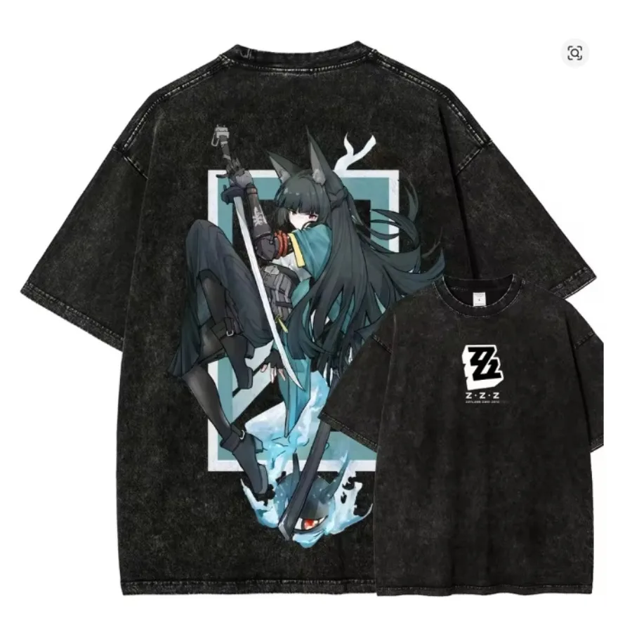 Zenless Zone Zero Hoshimi Miyabi T-shirt for Men's Clothing Vintage Y2k Washed Oversized T Shirt Short Sleeve 100% Cotton Tees