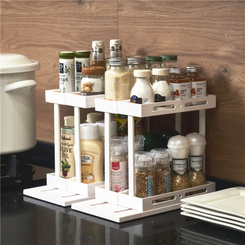 Rotating Spice Storage Rack 2 Tier Pull Out Kitchen Cabinet Organizer Sliding Spice Stand Multi-Function Pantry Door Storage