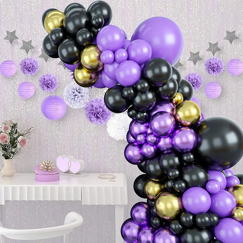 طقم قوس بالونات باللون الأسود الأرجواني، بالونات معدنية ذهبية أرجوانية لحفلات الزفاف والذكرى السنوية وحفلات أعياد الميلاد #3