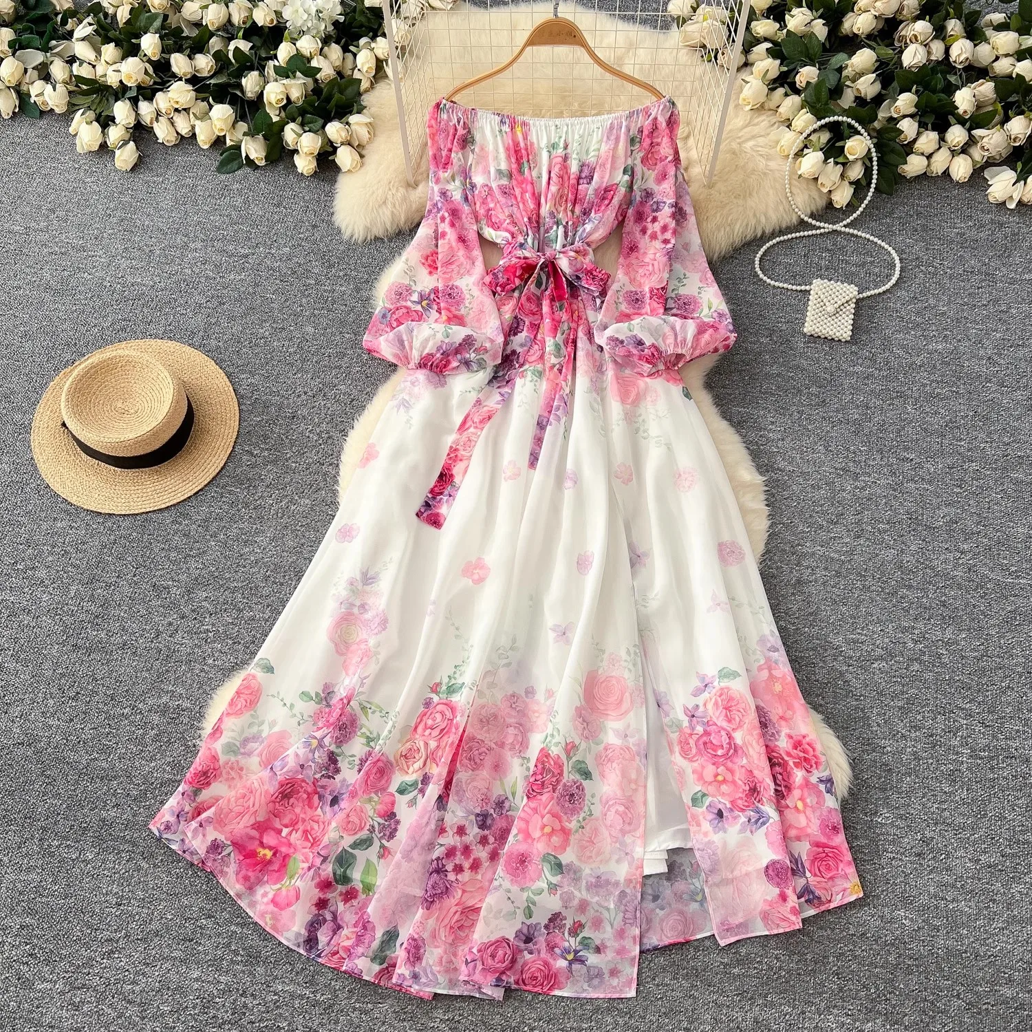 Abiti lunghi a fiori splendidi per le vacanze estive Abiti eleganti da donna con spalle scoperte e maniche a lanterna Abiti da festa in chiffon Boho