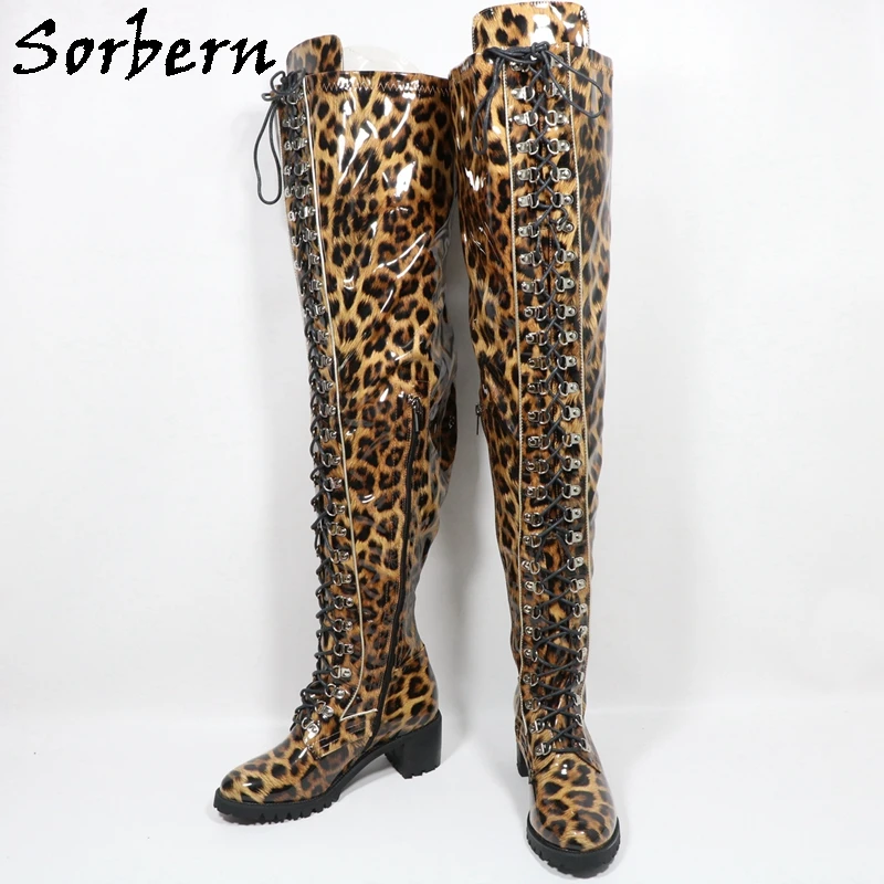 Sorbern Leopard Shiny Low Heel Boots For Women Rubber Sole Unisex Style Lace Up Shoes Ladies Round Toe Custom Wide/Slim Fit Legs