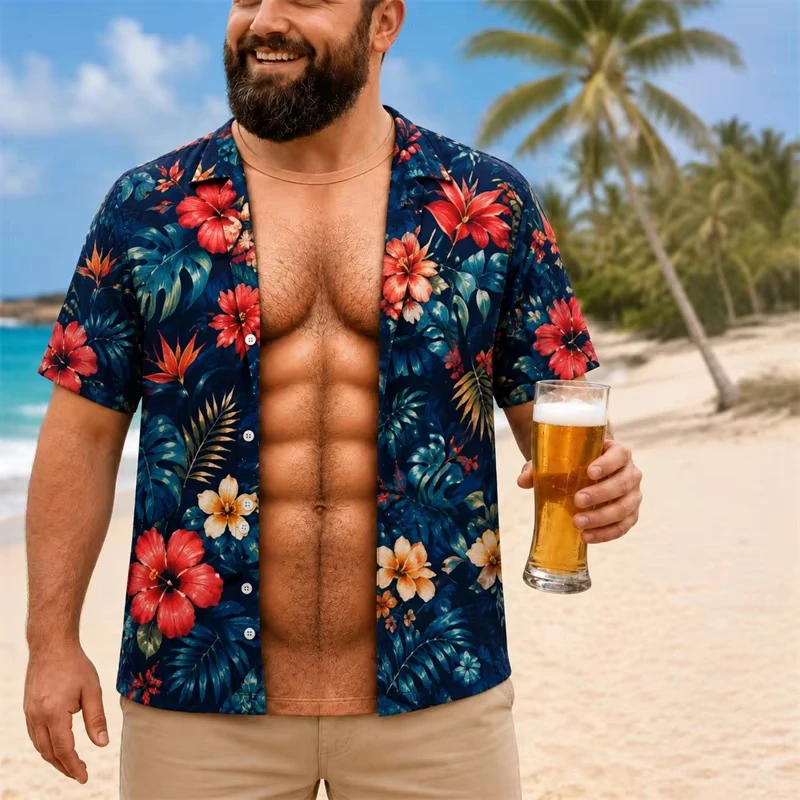 Men Funny Muscle Illusion T-Shirt, 3D Print Fake Open Hawaiian Tee, Too Hot To Handle Summer Holiday Casual Gift