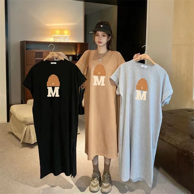 

Long T Shirt Dress Women Summer Casual Slit Letter Print Sundress Loose O Neck Tunic Printed Basic Dresses M - 3XL 4XL Vestidos