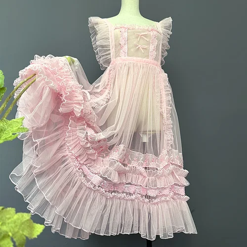 甘いロリータ透明メッシュフリルドレス、女性のレースストラップ 