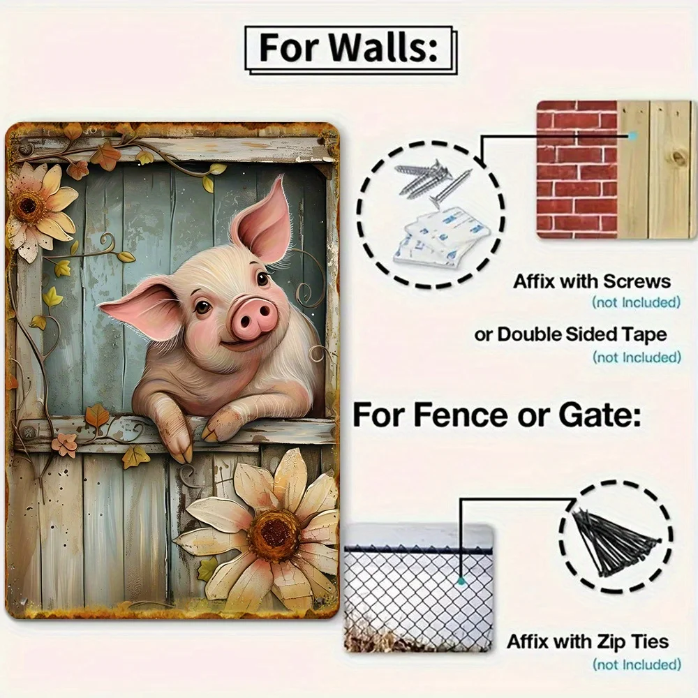  wall decoration retro style piggy wooden window floral pattern metal sign, HD quality, suitable for living room bedroom bar an