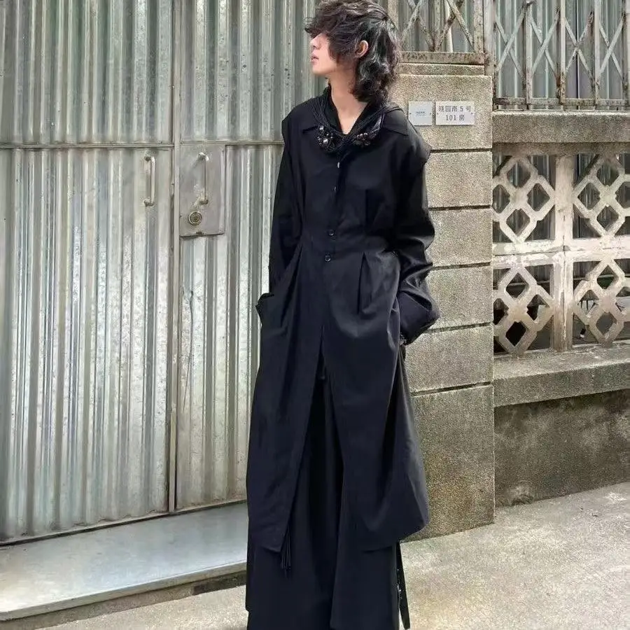 

Niche Bisex Dark Black Costume Men Women Four Seasons New Chinese Style Long Shirt Vintage Street Gothic Stylish Clothes