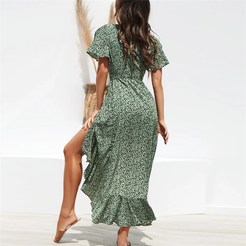 2025 vestido de verano con estampado de gasa para mujer, vestido bohemio con estampado Floral, manga larga con volantes, informal, con cuello en V, vestido de fiesta Sexy dividido