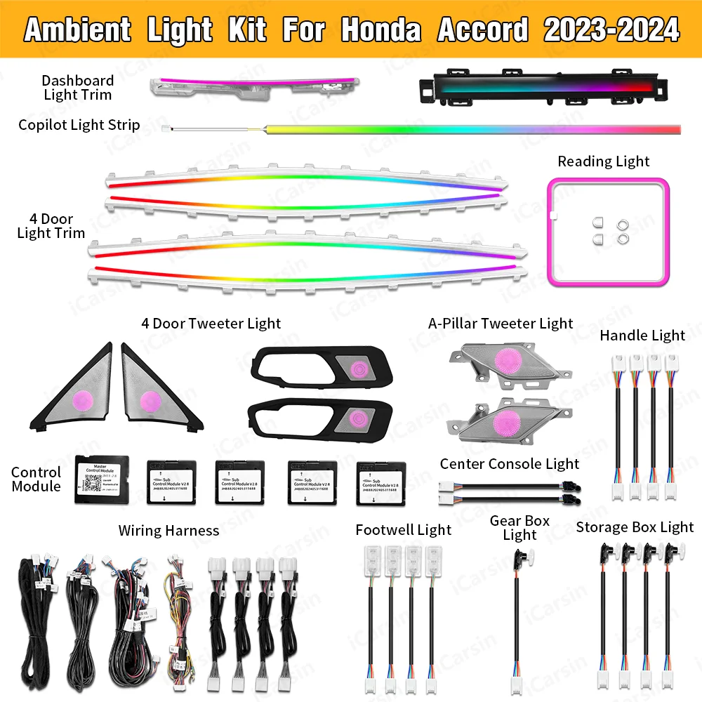 مجموعة ترقية الضوء المحيط الديناميكي من Icarsin لهوندا أكورد 11th Gen 2023 + ملحقات استبدال إضاءة LED داخلية للباب