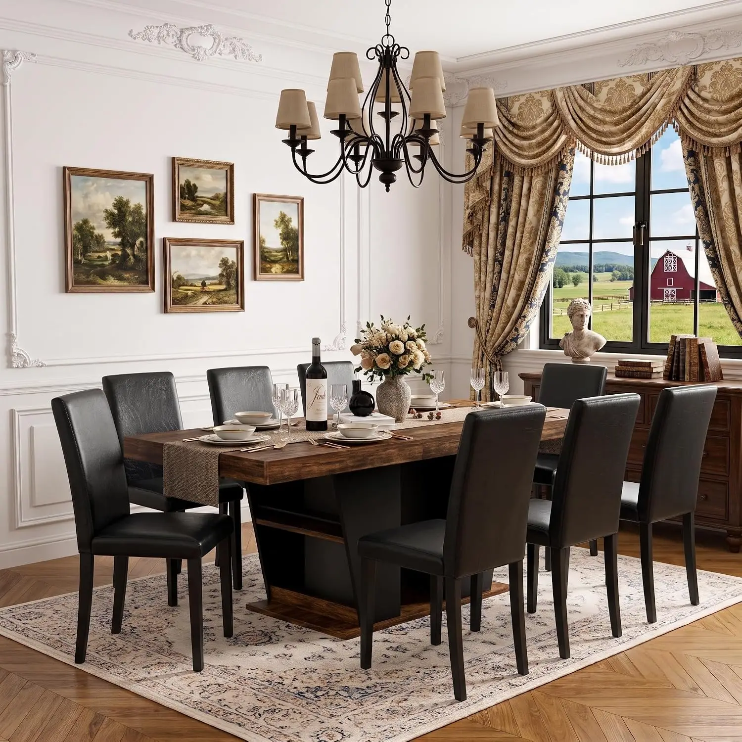 Extendable Farmhouse Dining Table Set for 8, 63-78.7 Rectangular Kitchen Table with Built-in Storage Base & 8 Black PU Leather