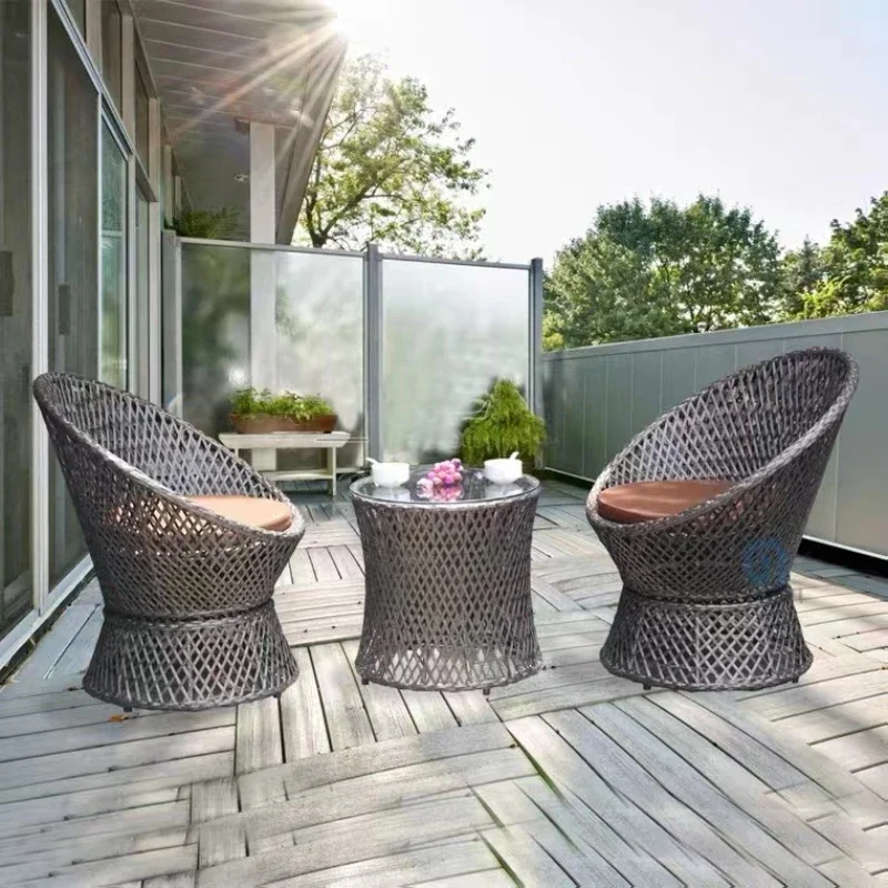 Villa Outdoor Balcony Rattan Sofa Combination Courtyard Garden Rain-Proof Rotating Rattan Chair Outdoor