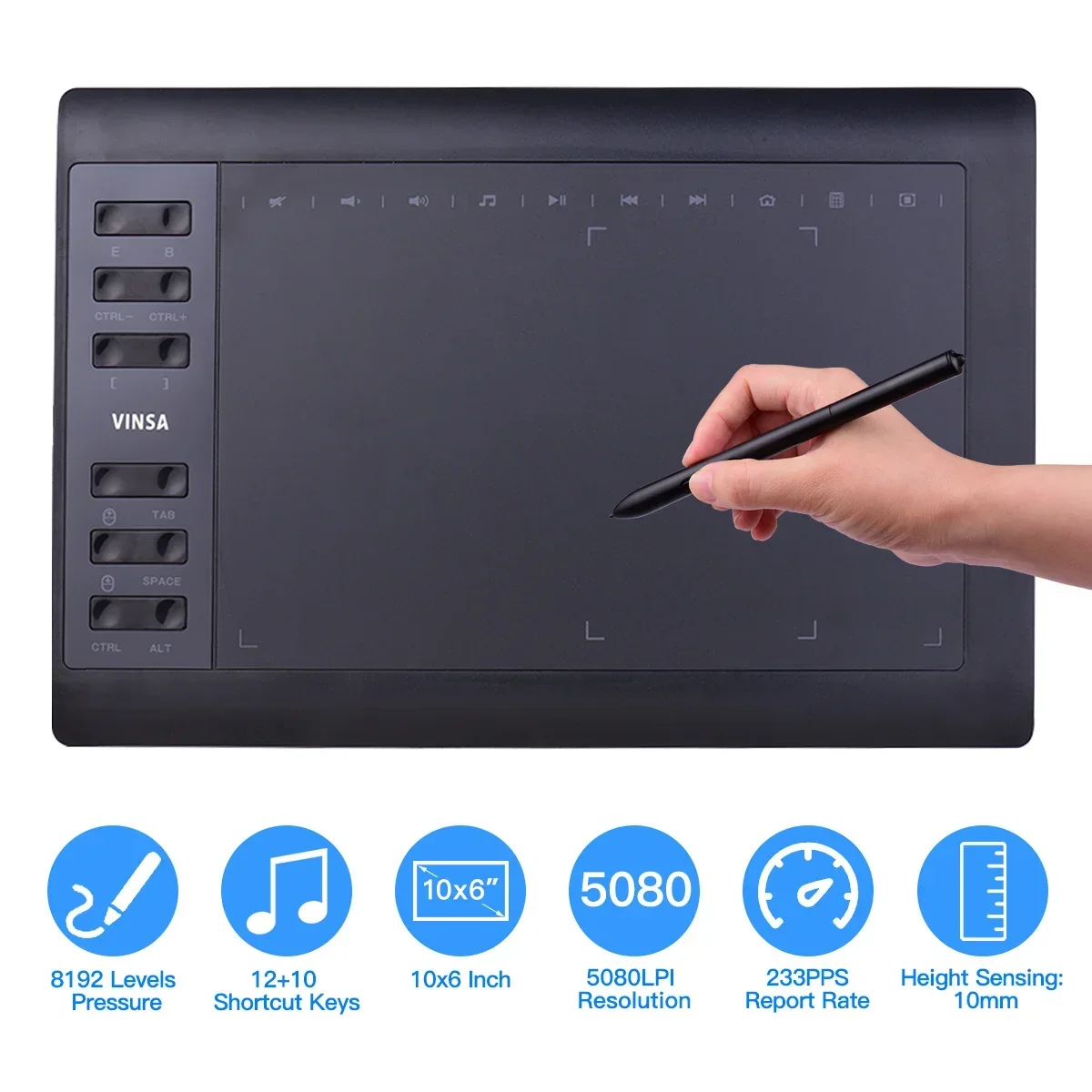 

10x6 Inch Graphics Drawing Tablet 12 Express Keys with Professional Board for Windows Mac for Painting Designing Online Course