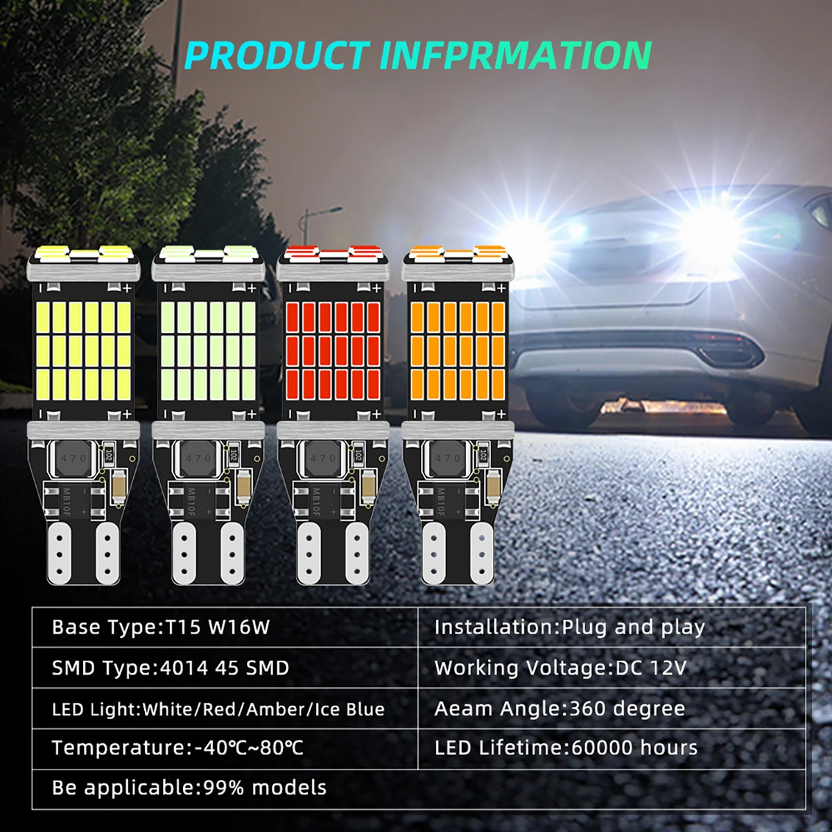 

10PCS T15 W16W LED Bulbs 902 904 906 912 921 Car Reverse Lights Canbus Flash Warning Light 12V Backup Light 45SMD 4014 Chip