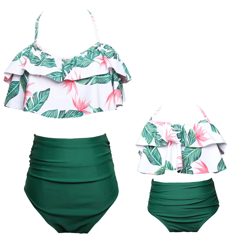 HappyFlute New Hot Sale European & American Style  Parent-child Printed High Waist Bikini Ruffled Mother&Daughter  Swimsuit