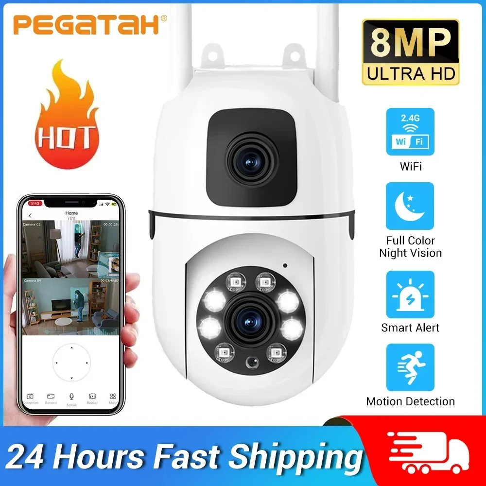8MP WIFI Surveillance Camera Dual Lens Dual Screen 8X Digital Zoom IP Cameras Wireless Outdoor Auto Tracking Night Vision CCTV