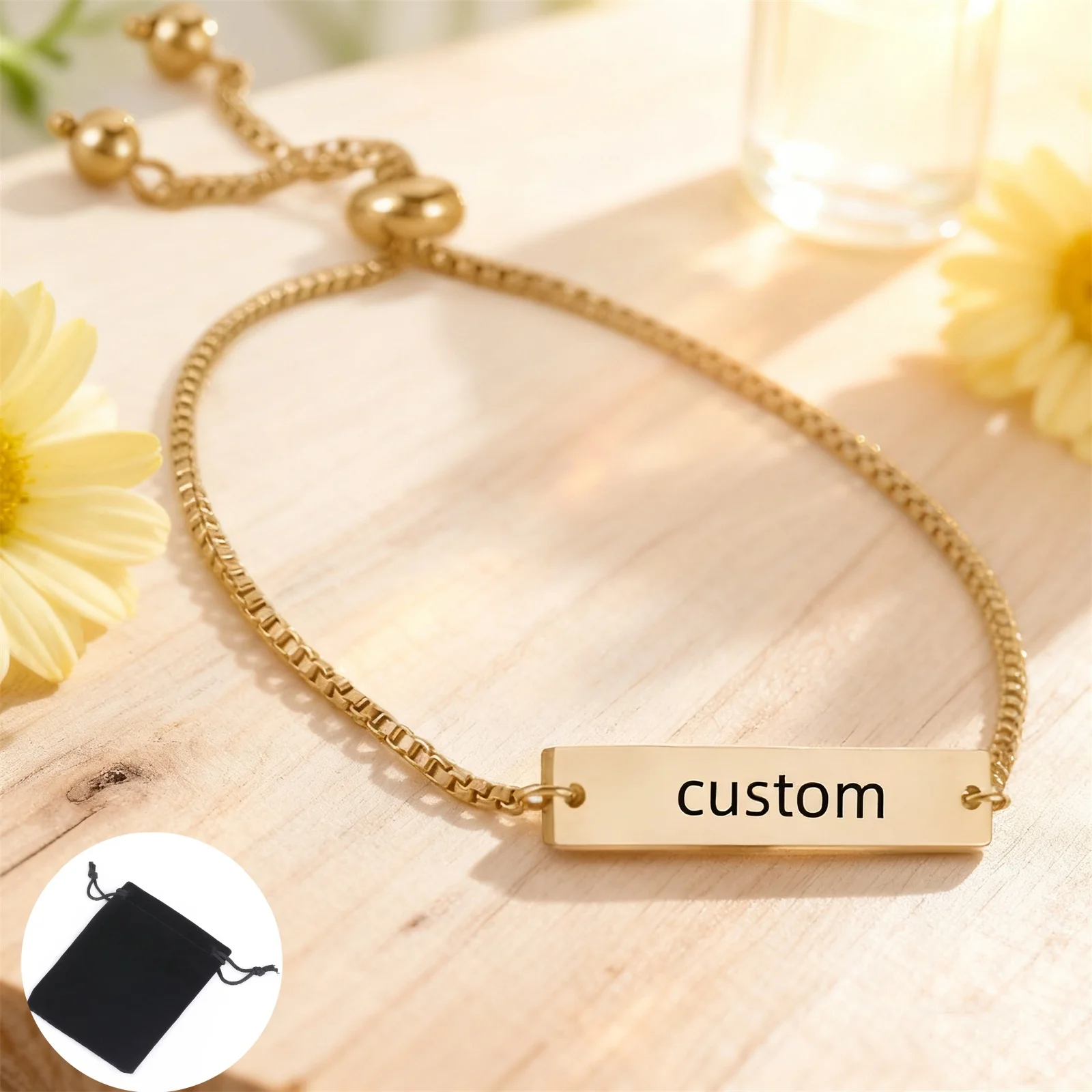 Customized Name ID Thin Box Chain Bracelet Stainless Steel Personalized Carving Quotes Couple Bracelet Fashion Jewelry